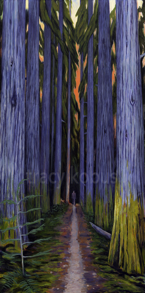Courage: Acrylic on canvas. A person walking alone on trail through a tall blue forest. The trees feel like a sacred cathedral.