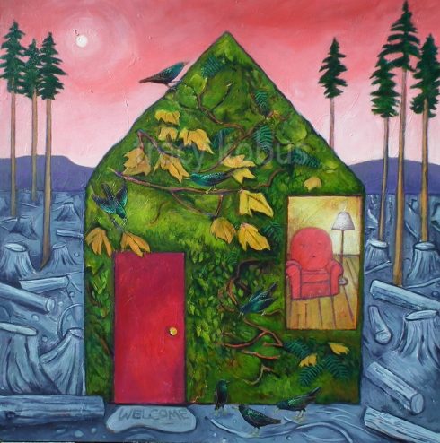Green House: Artist acrylic painting imaginative realism scene with green house situated on a barren black and white landscape.