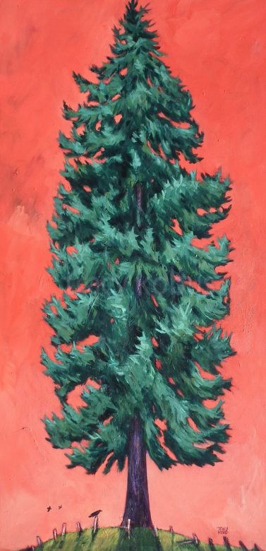 Habitat: Acrylic on canvas. A tall green fir tree on a vibrant red background. Painting is a tall format emphasizing the height of the tree