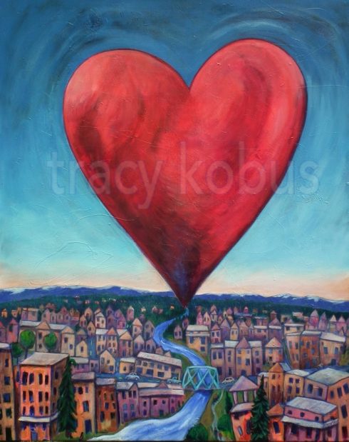 Every City Needs One: Artist's acrylic painting of a giant red heart floating over a small city. A river and a green bridge are in the centre.
