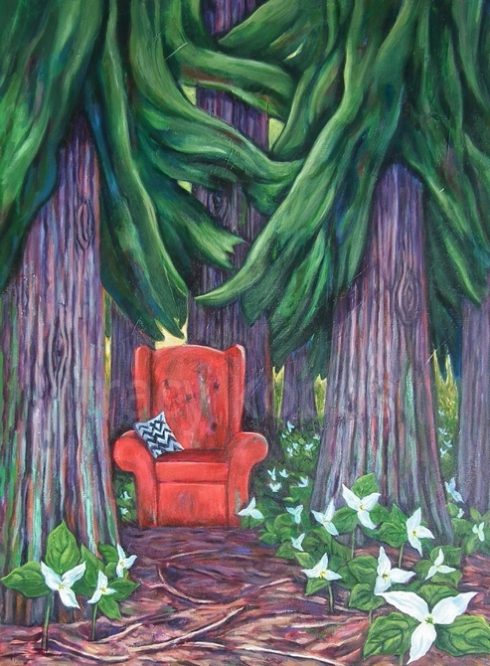 Forest: Acrylic on canvas. A red sofa chair sitting in a cedar forest surrounded by white trilliums. Feeling of relaxation and calmness.