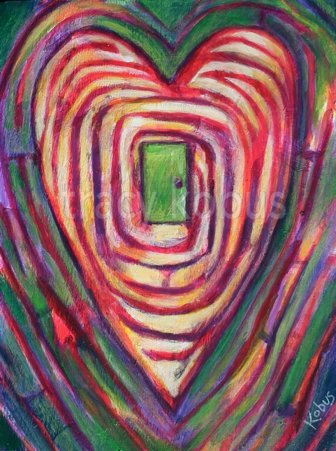 Heart's Door: Artist acrylic painting of a heart with a red maze design, surrounded by green and a green door at the centre.