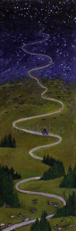 Journeys II: Acrylic on canvas. A biker on a winding pathway through a green landscape that is leading to the stars. A mythical, magical feel