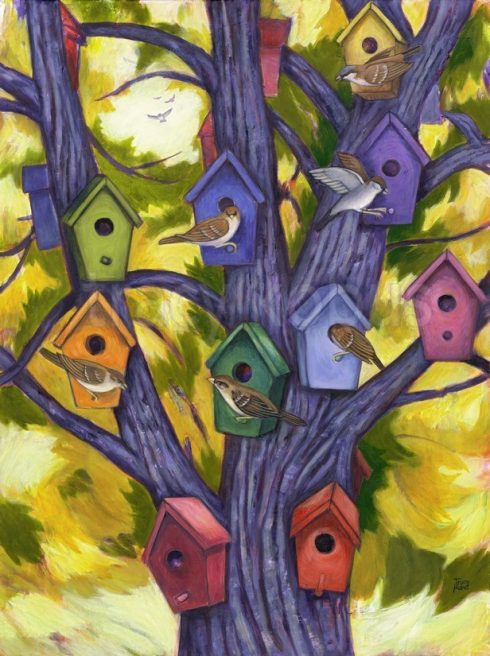 Little Tribe: Artist acrylic painting of little brown birds, or sparrows, in a yellow leaved maple tree filled with colourful birdhouses