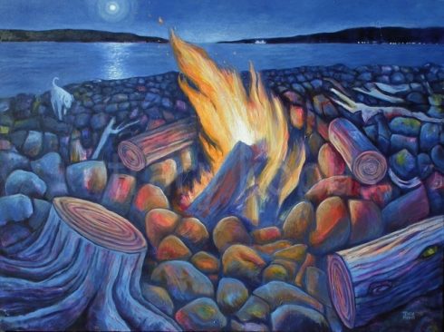 Myth Maker: Acrylic painting of a fire on a beach, a white dog in the distance is walking towards the scene. Driftwood benches surround the fire.