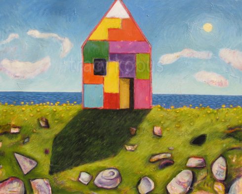 Painters House: Acrylic painting of a colourful patchwork house on the beach. A fun, whimsical feeling with a shadowy dark edge.
