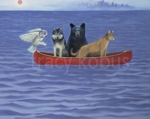 Predator: Artist acrylic painting of a bear, wolf, cougar and snowy owl in a red canoe floating in the ocean, a city sits on a distant shore