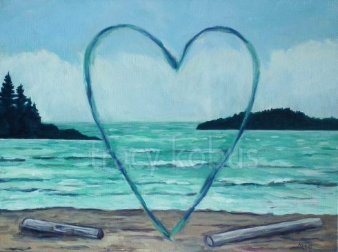 Tofino Heart I: Acrylic on canvas. A transparent heart on a sandy beach in Tofino, British Columbia. A feeling of positivity and happiness.