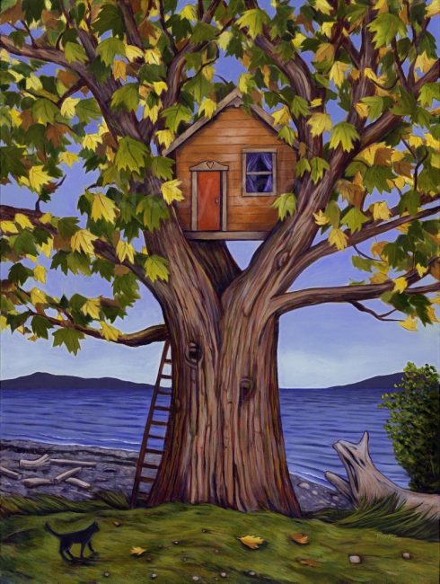Tree House: Acrylic on canvas. Orange tree house sitting in the branches of a maple tree next to the ocean. A black cat watches nearby.