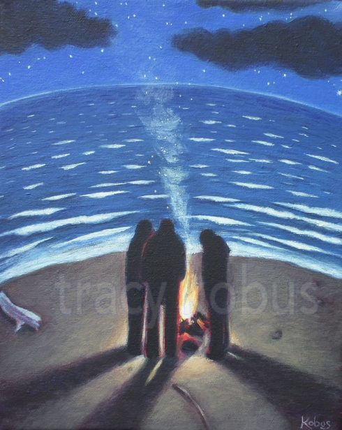 Beach Fire II: Acrylic on canvas. Three people leaning into a fire on a beach. White waves dot the ocean, black clouds hover in the distance.