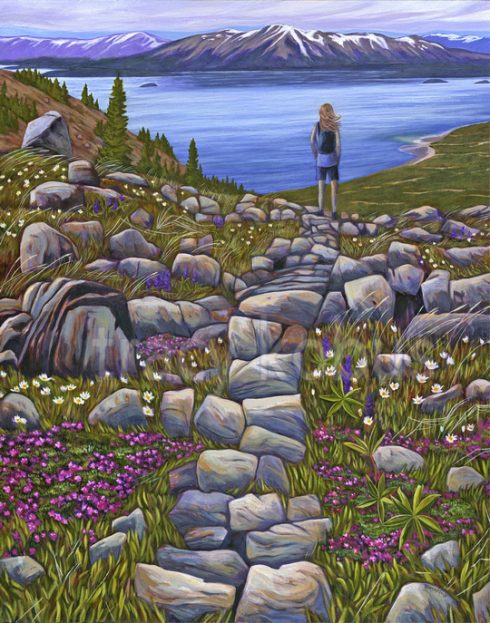 Monarch Mountain - acrylic on canvas. A woman gazes out at the top of a mountain overlooking the view of mountains and water.