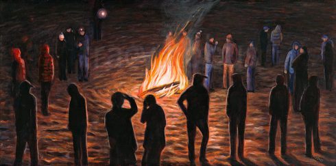 Gathering: Artist acrylic painting of a group of people in silhouette gathered around a large bonfire. The colours are orange and black.