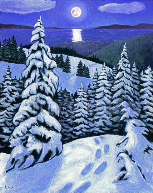 Winter Sojourn Acrylic on canvas. A blue & white snowy winter mountain scene in moonlight, snowshoe tracks leading into the distance.