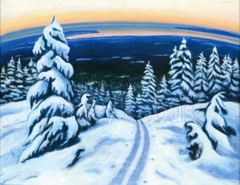 Winter Trail: Artist acrylic painting of ski tracks on a mountain overlooking a view of the ocean. The trees are covered in snow.