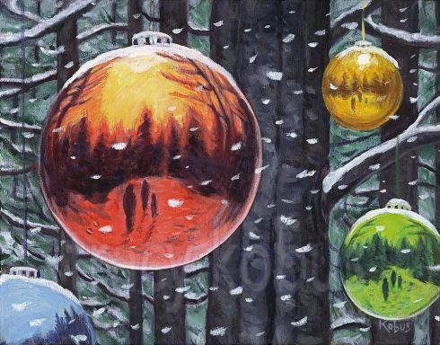 Winter Reflections II - Christmas bulb hanging outside in a tree, falling snow, reflections of people inside. Comox Valley Artist. Art Cards, Acrylic on Canvas