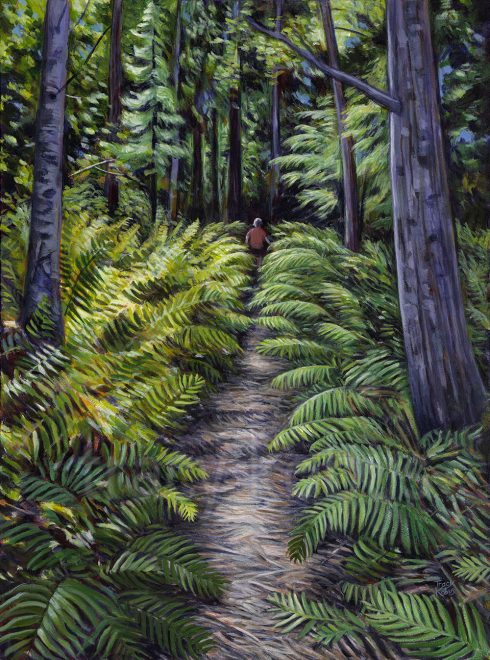 painting of verdant and lush forest path cortes island