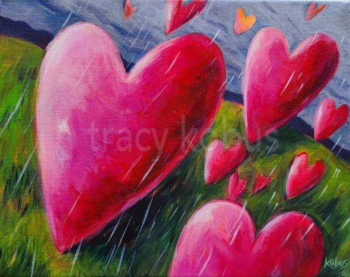 Artist acrylic painting of multiple pink hearts of various sizes in a green field and blue sky. whimsical feeling.